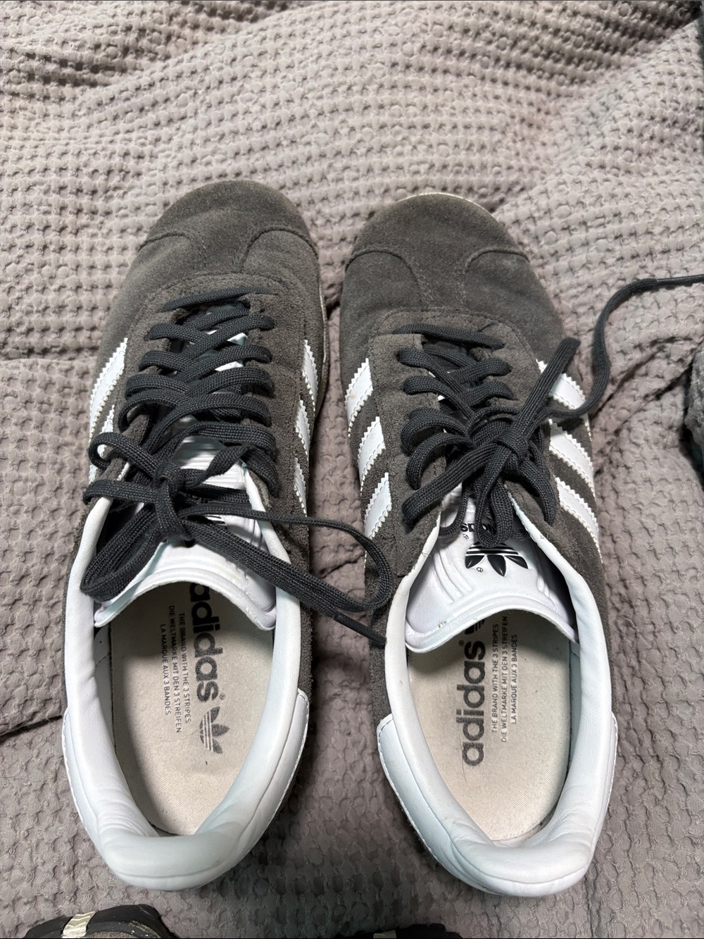 adidas women’s Gray Suede Sneakers with White Stripes
